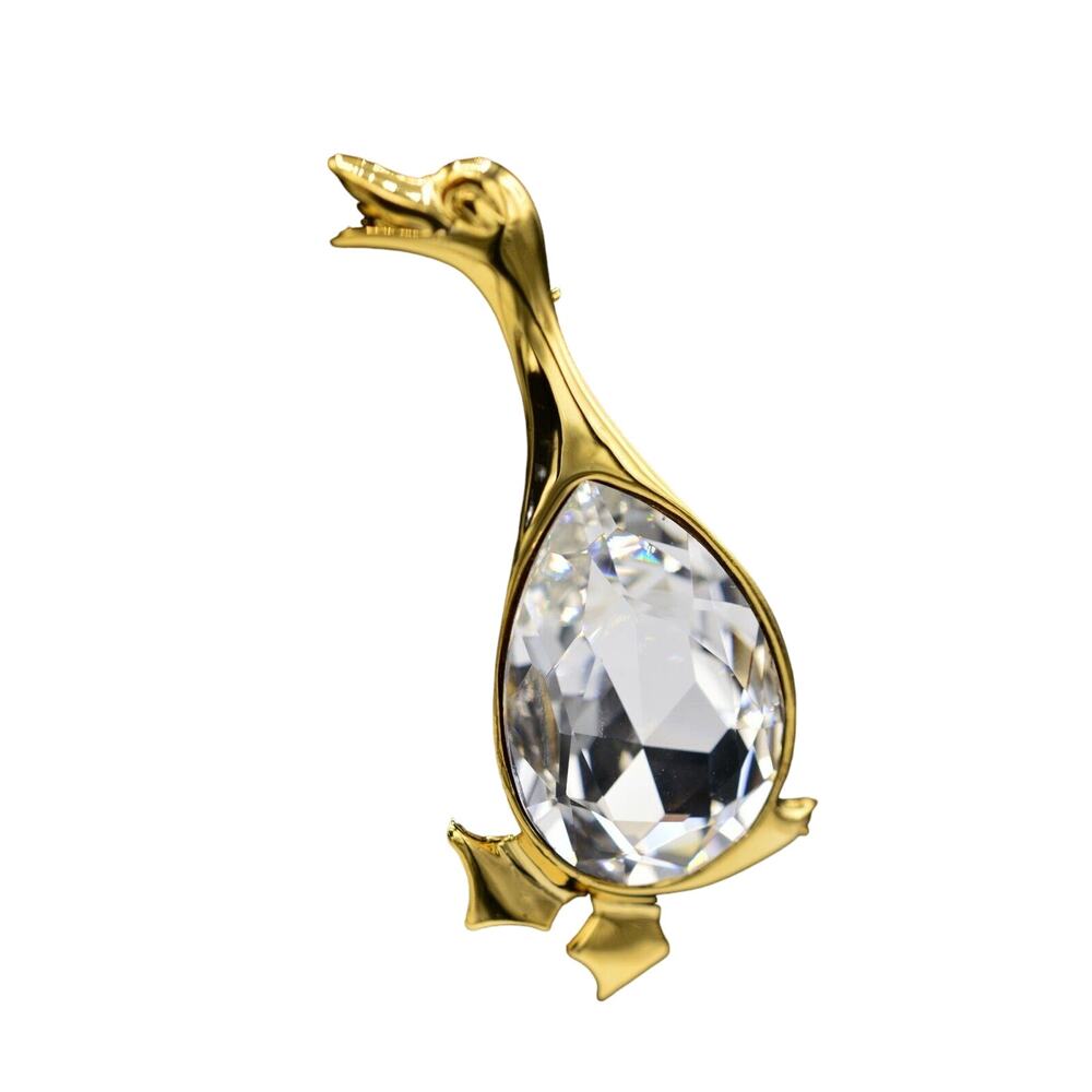 Vintage Crystal Goose Duck Brooch Pin Shiny Rhinestone Gold 1980s NOS Bin1